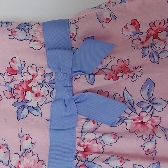 Janie & Jack Pink Floral And Swiss Dot Dress With Ruffles And Blue Ribbon Waist - Picture 4 of 8